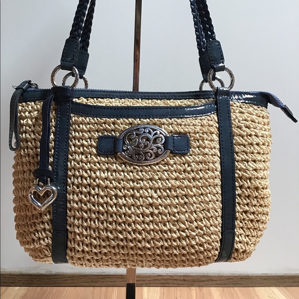 Brighton Straw Shoulder Handbag Blue Leather Trim